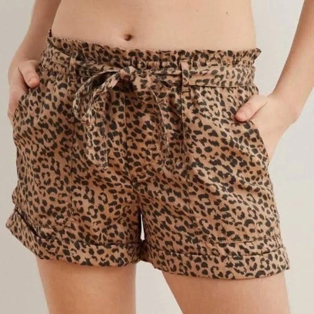 Aerie Tan Leopard Print Camp Paper Waist Lyocell Pull-on Summer Beach Shorts S